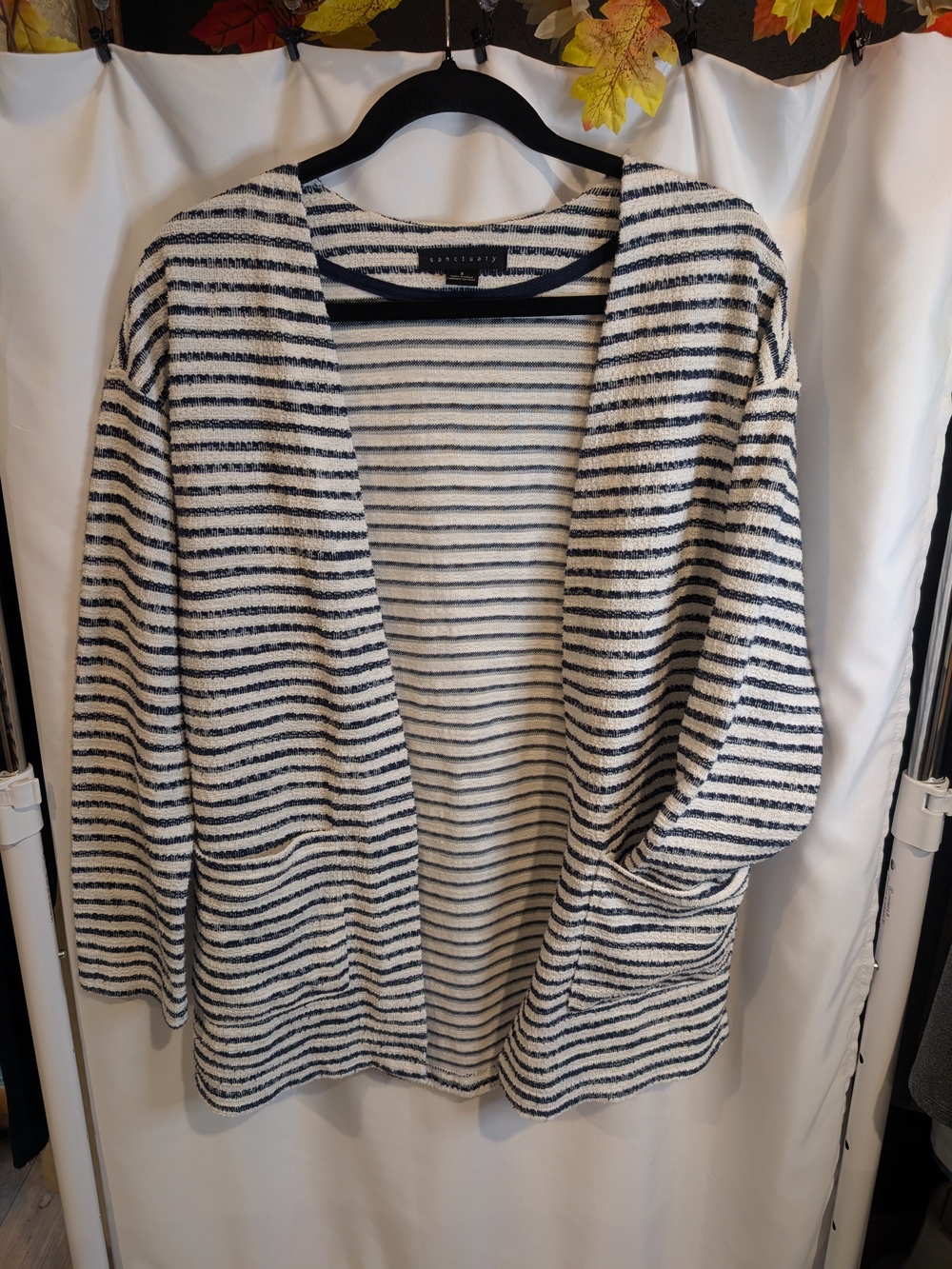 Sanctuary Blue White Striped Open Front Cardigan Sweater Pockets Size Small
